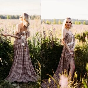 Boho Maxi Dress Off Shoulder Ruffle Lace Train Fairy Cottagecore Photoshoot